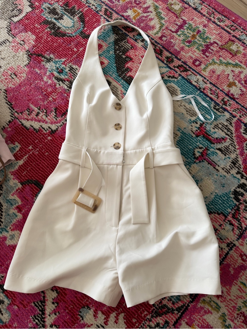 BCBGMaxAzria White Halter Button Romper with Tie Belt